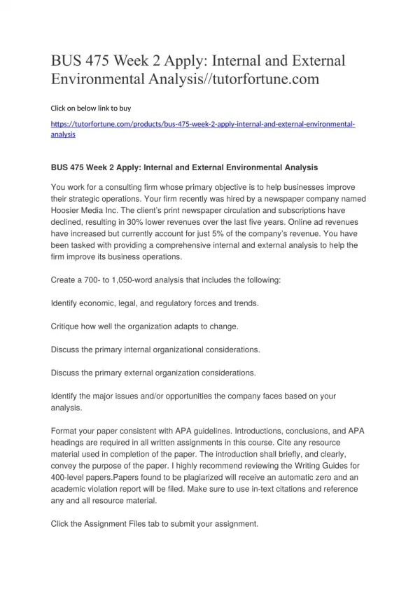 BUS 475 Week 2 Apply: Internal and External Environmental Analysis//tutorfortune.com