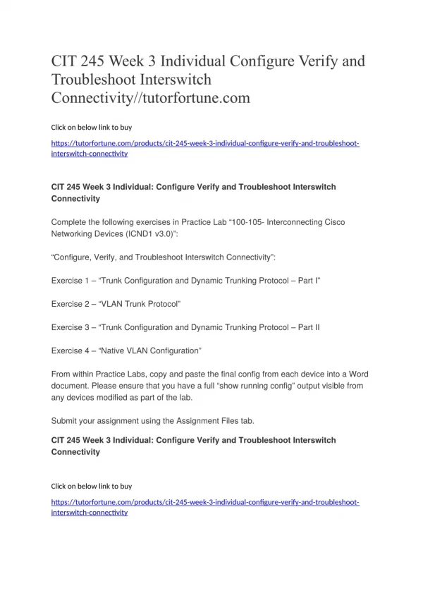 CIT 245 Week 3 Individual Configure Verify and Troubleshoot Interswitch Connectivity//tutorfortune.com