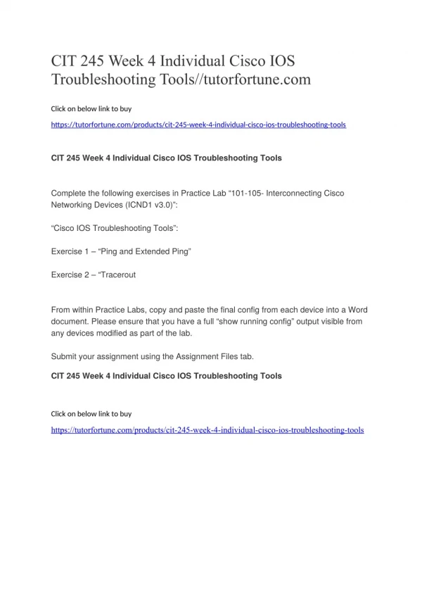 CIT 245 Week 4 Individual Cisco IOS Troubleshooting Tools//tutorfortune.com