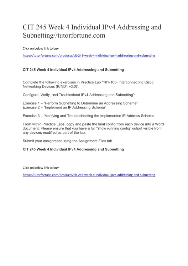CIT 245 Week 4 Individual IPv4 Addressing and Subnetting//tutorfortune.com