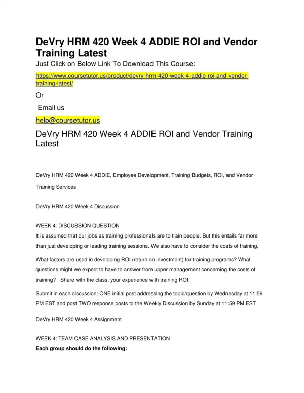 DeVry HRM 420 Week 4 ADDIE ROI and Vendor Training Latest