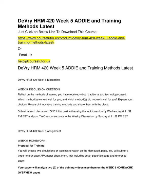 DeVry HRM 420 Week 5 ADDIE and Training Methods Latest