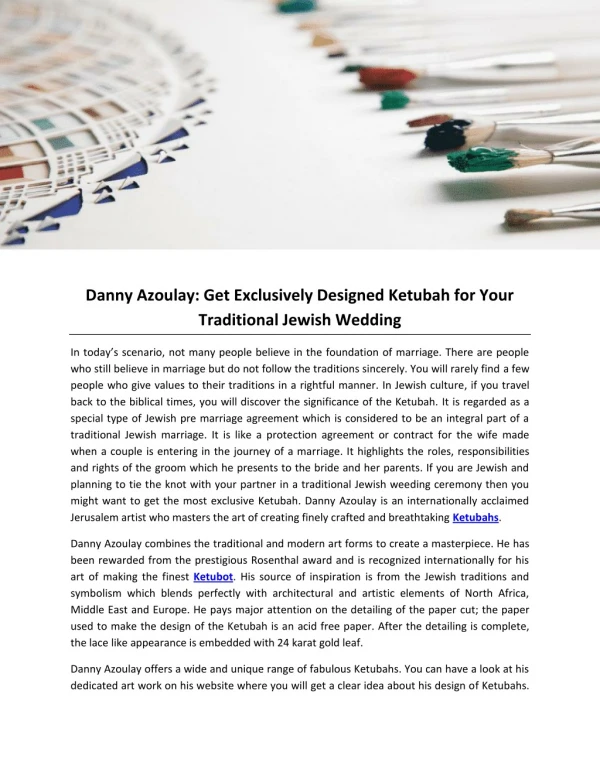 Danny Azoulay: Get Exclusively Designed Ketubah for Your Traditional Jewish Wedding