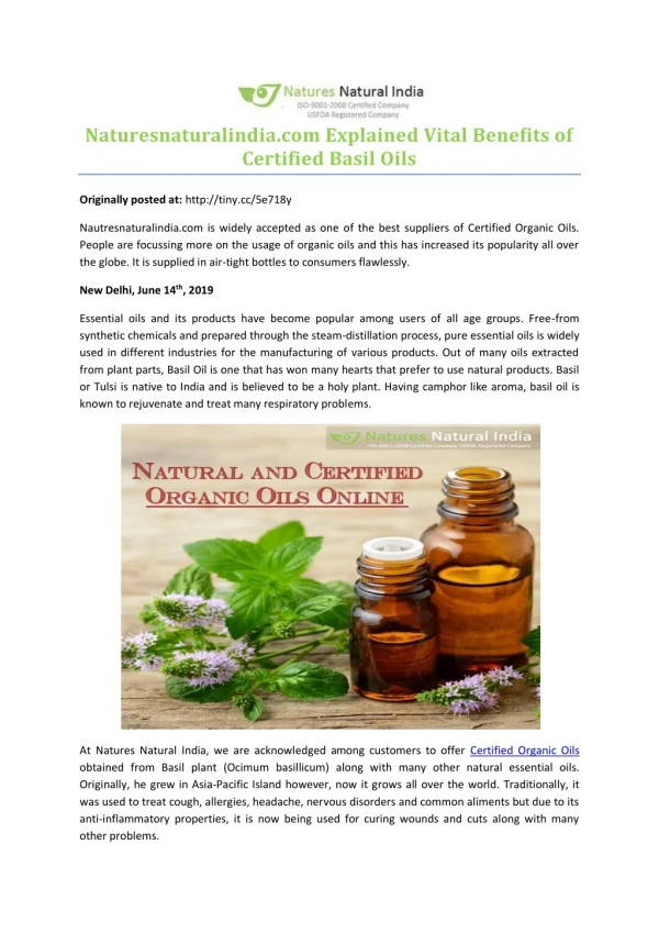 Naturesnaturalindia.com Explained Vital Benefits of Certified Basil Oils
