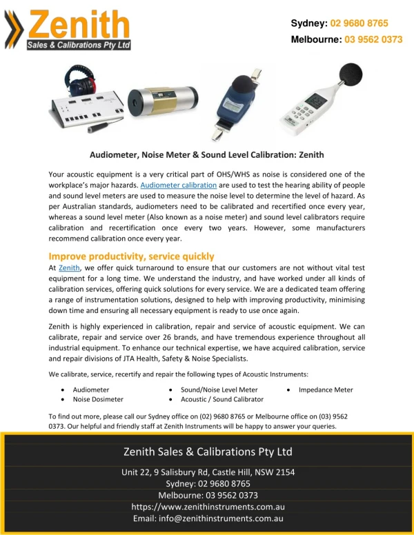 Audiometer, Noise Meter & Sound Level Calibration: Zenith