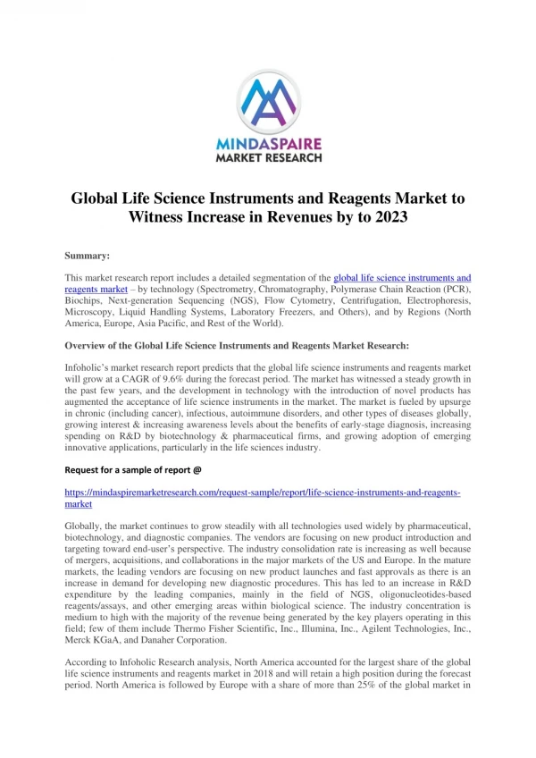 Global Life Science Instruments and Reagents Market to Witness Increase in Revenues by to 2023