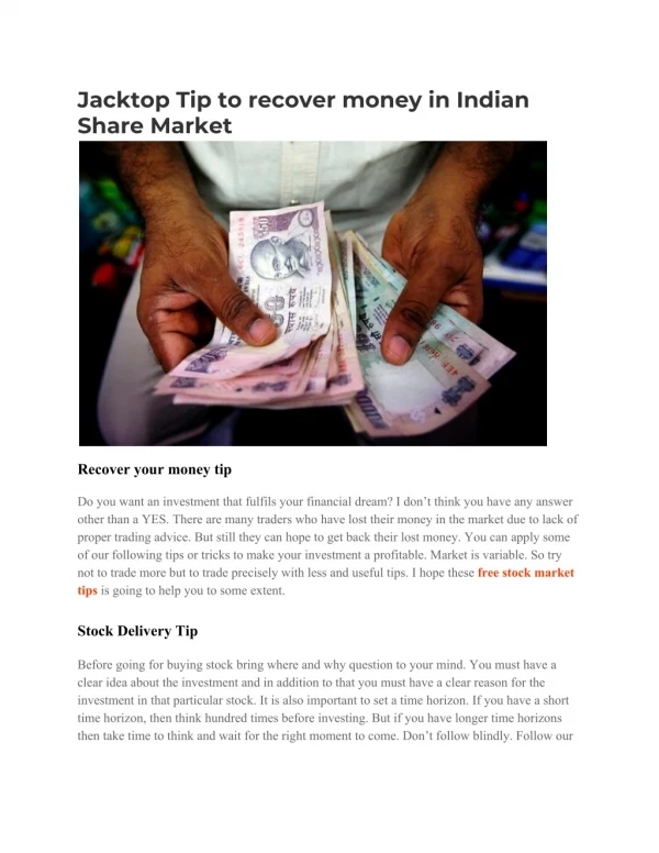 Jacktop Tip to recover money in Indian Share Market