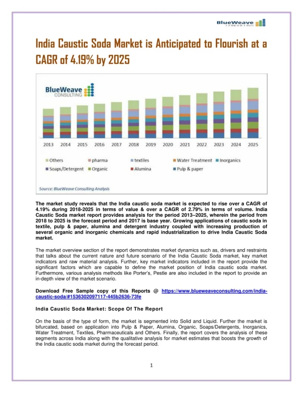 India Caustic Soda Market is Anticipated to Flourish at a CAGR of 4.19% by 2025