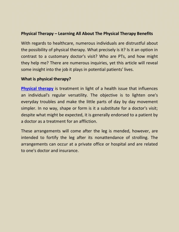 Physical Therapy – Learning All About The Physical Therapy Benefits
