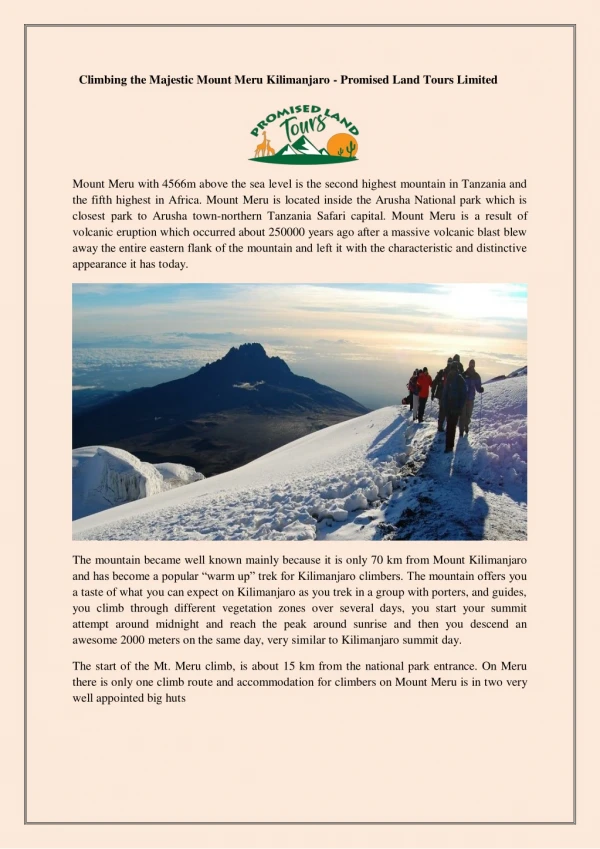 Climbing the Majestic Mount Meru Kilimanjaro - Promised Land Tours Limited