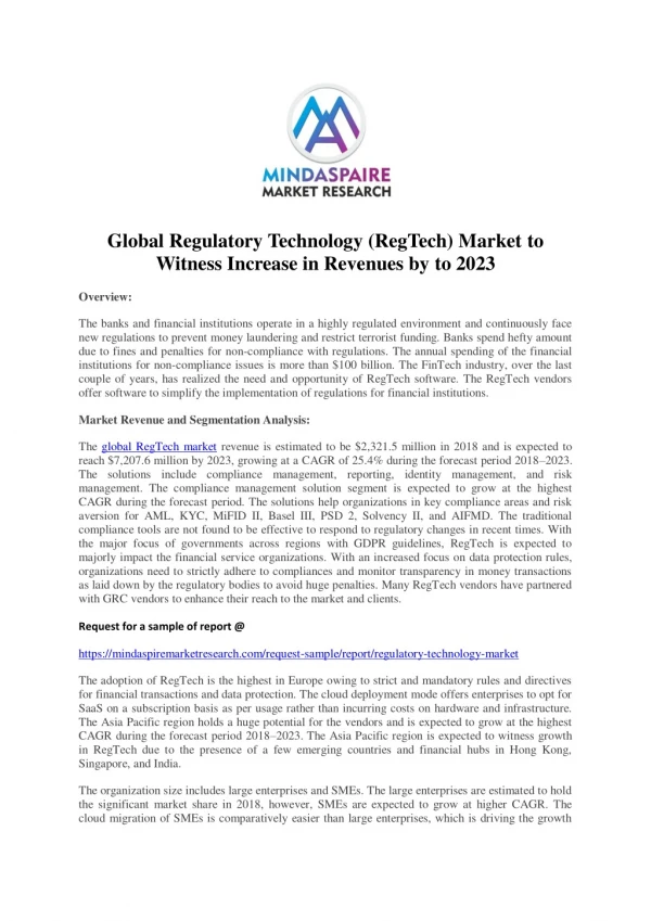Global Regulatory Technology (RegTech) Market to Witness Increase in Revenues by to 2023