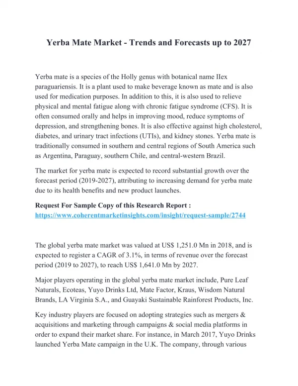 Yerba Mate Market - Trends and Forecasts upto 2027