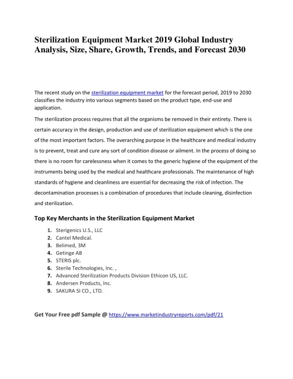 Sterilization Equipment Market 2019 Global Industry Analysis, Size, Share, Growth, Trends, and Forec
