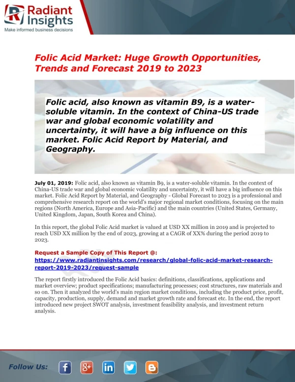 Global Folic Acid Market Trends Estimates High Demand by 2023