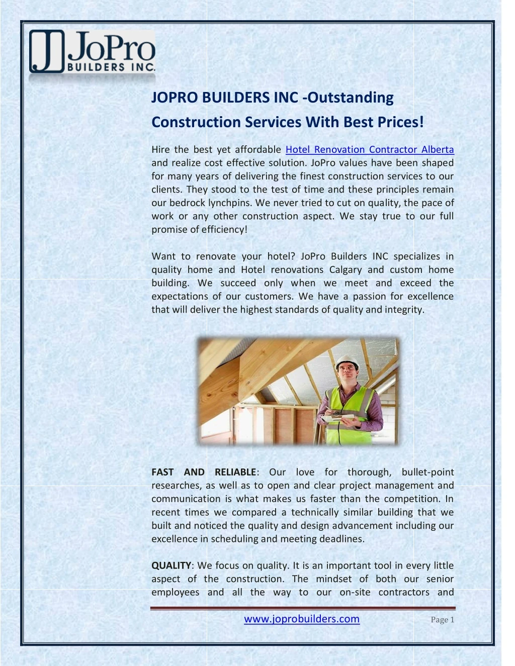 jopro builders inc outstanding construction