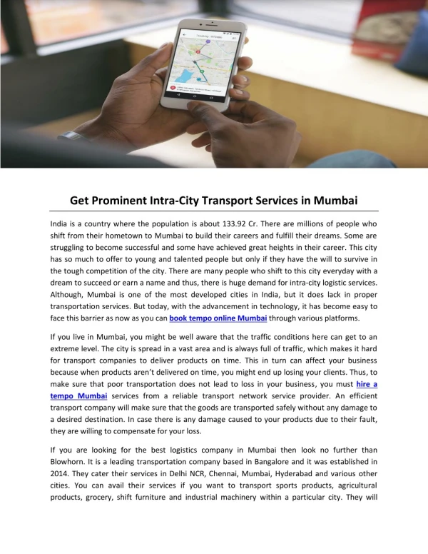 Get Prominent Intra-City Transport Services in Mumbai