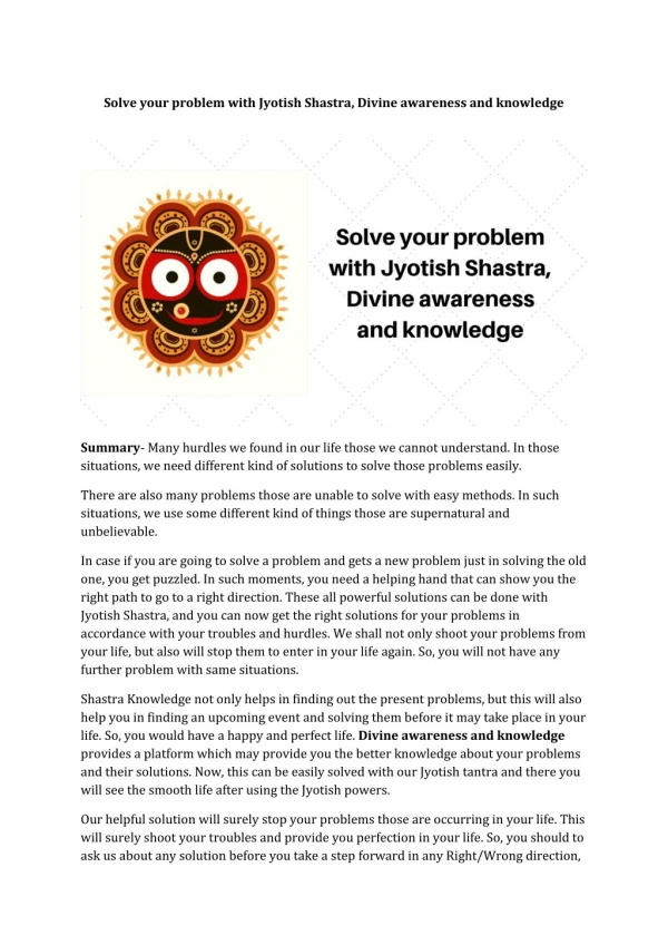 Solve your problem with Jyotish Shastra, Divine awareness and knowledge