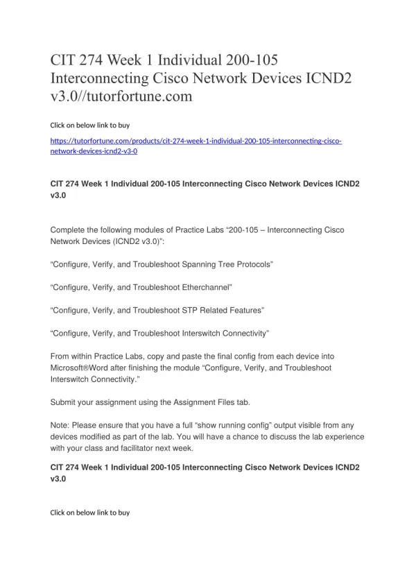 CIT 274 Week 1 Individual 200-105 Interconnecting Cisco Network Devices ICND2 v3.0//tutorfortune.com