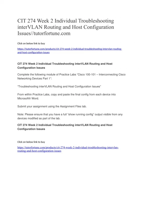 CIT 274 Week 2 Individual Troubleshooting interVLAN Routing and Host Configuration Issues//tutorfortune.com