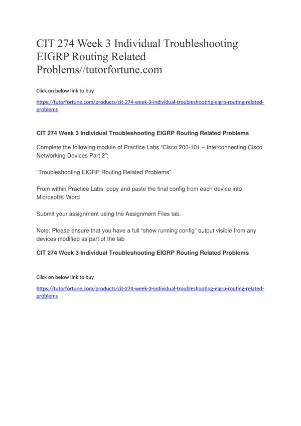 CIT 274 Week 3 Individual Troubleshooting EIGRP Routing Related Problems//tutorfortune.com