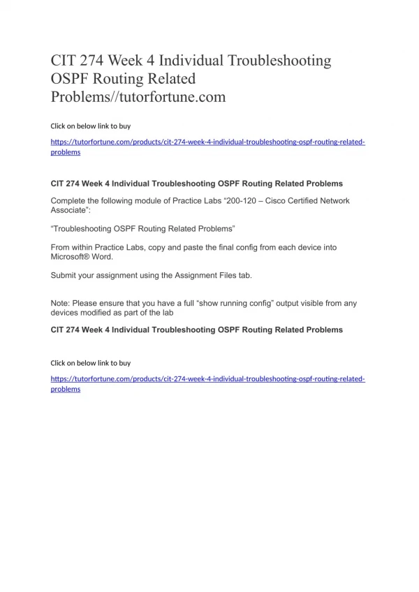 CIT 274 Week 4 Individual Troubleshooting OSPF Routing Related Problems//tutorfortune.com
