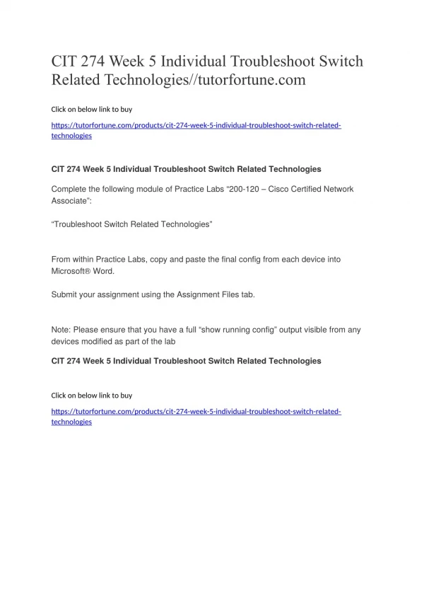 CIT 274 Week 5 Individual Troubleshoot Switch Related Technologies//tutorfortune.com