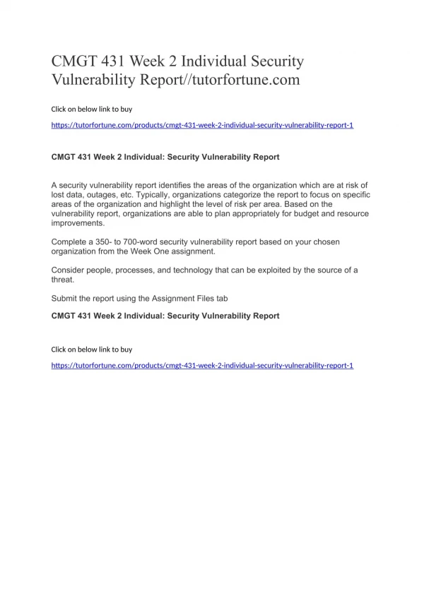 CMGT 431 Week 2 Individual Security Vulnerability Report//tutorfortune.com