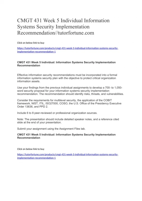 CMGT 431 Week 5 Individual Information Systems Security Implementation Recommendation//tutorfortune.com