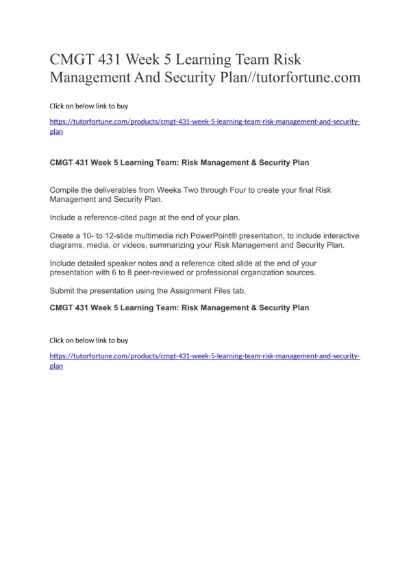 CMGT 431 Week 5 Learning Team Risk Management And Security Plan//tutorfortune.com