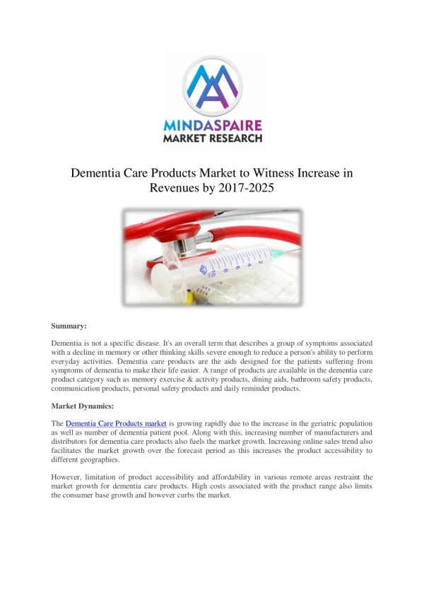 Dementia Care Products Market to Witness Increase in Revenues by 2017-2025