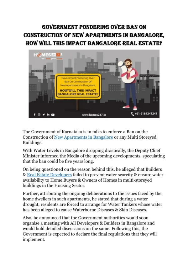 GOVERNMENT PONDERING OVER BAN ON CONSTRUCTION OF NEW APARTMENTS IN BANGALORE