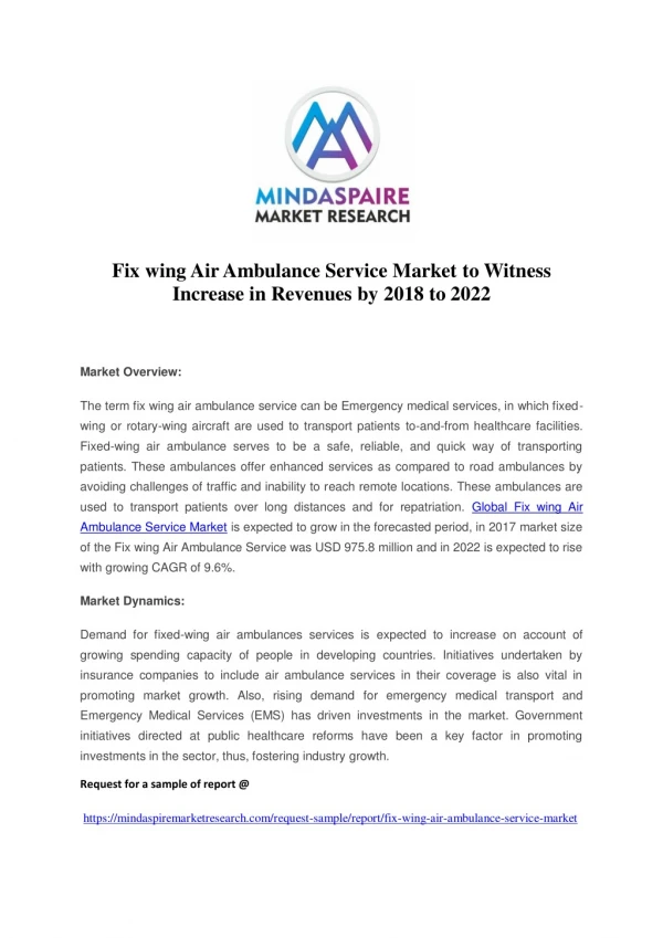 Fix wing Air Ambulance Service Market to Witness Increase in Revenues by 2018 to 2022