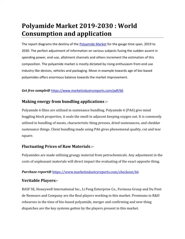 Polyamide Market 2019-2030 : World Consumption and application