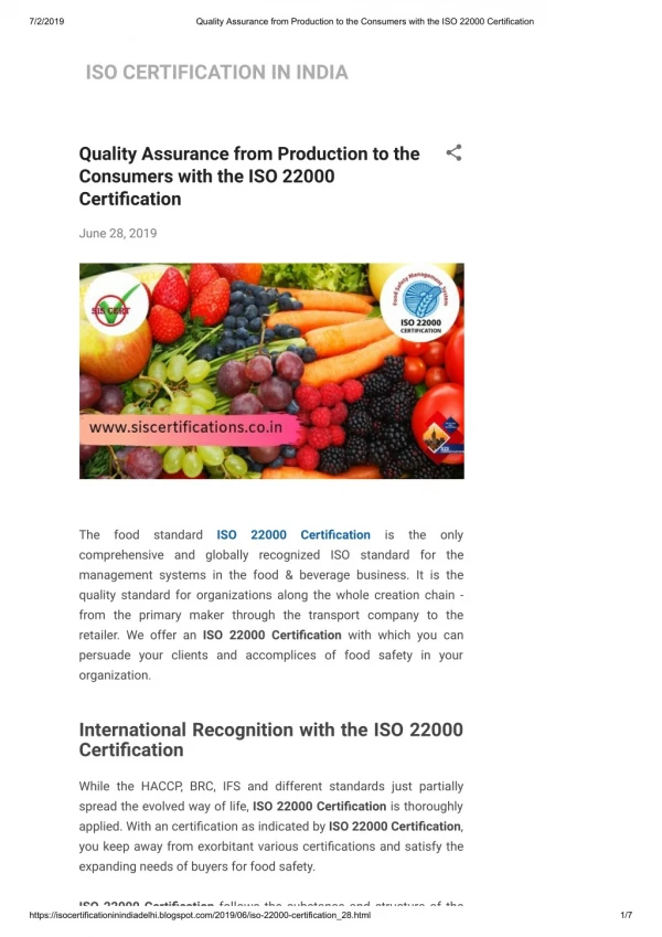 Quality Assurance from Production to the Consumers with the ISO 22000 Certification