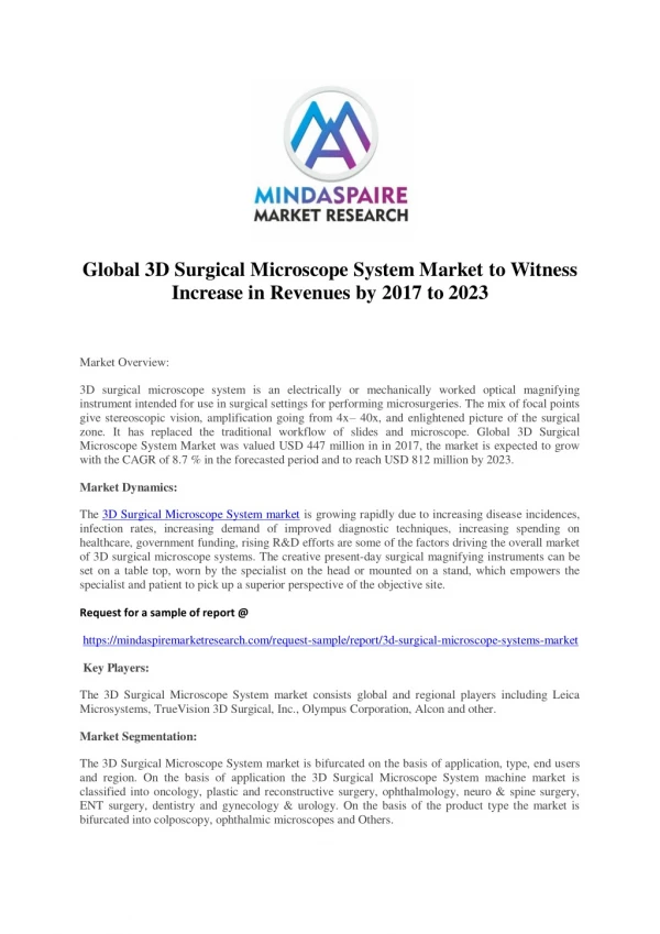 Global 3D Surgical Microscope System Market to Witness Increase in Revenues by 2017 to 2023