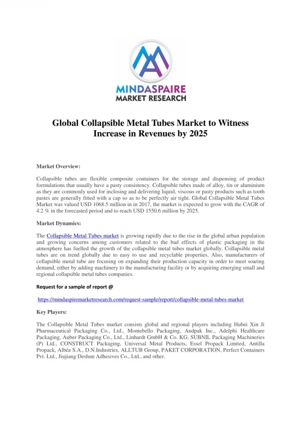 Global Collapsible Metal Tubes Market to Witness Increase in Revenues by 2025