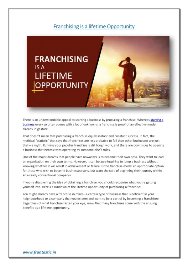 Franchising is a lifetime Opportunity