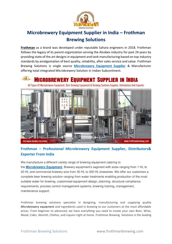 Microbrewery Equipment Supplier in India – Frothman Brewing Solutions
