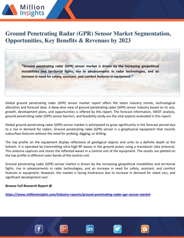 Ground Penetrating Radar (GPR) Sensor Market Segmentation, Opportunities, Key Benefits & Revenues by 2023