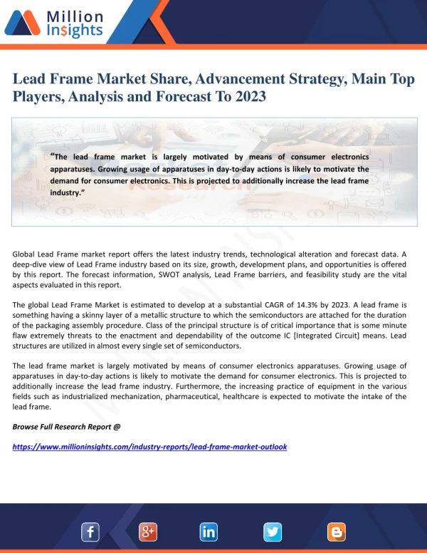 Lead Frame Market Share, Advancement Strategy, Main Top Players, Analysis and Forecast To 2023