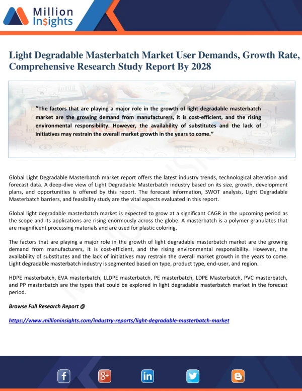 Light Degradable Masterbatch Market User Demands, Growth Rate, and Comprehensive Research Study Report By 2028