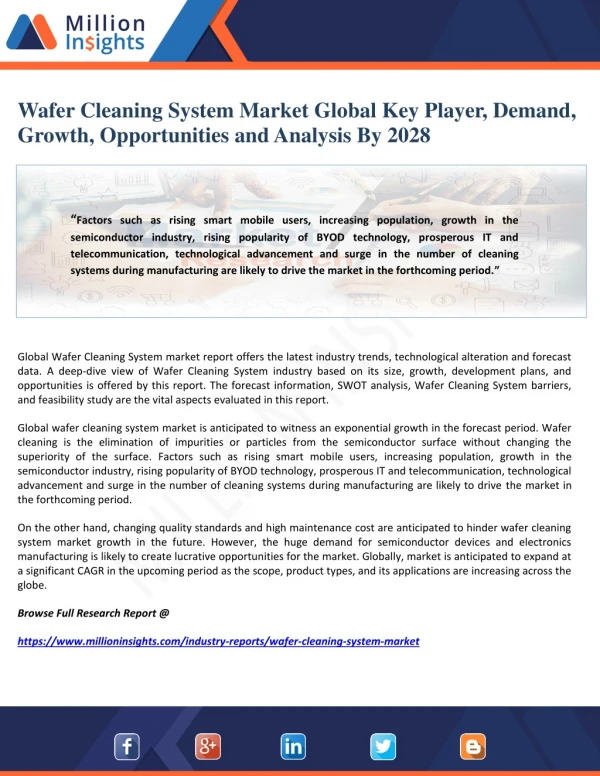 Wafer Cleaning System Market Global Key Player, Demand, Growth, Opportunities and Analysis By 2028
