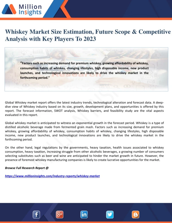 Whiskey Market Size Estimation, Future Scope & Competitive Analysis with Key Players To 2023