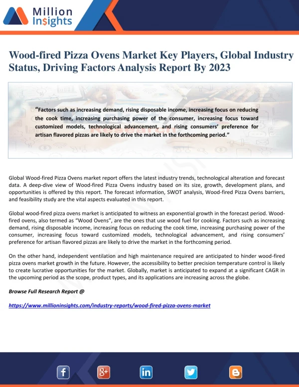 Wood-fired Pizza Ovens Market Key Players, Global Industry Status, Driving Factors Analysis Report By 2023