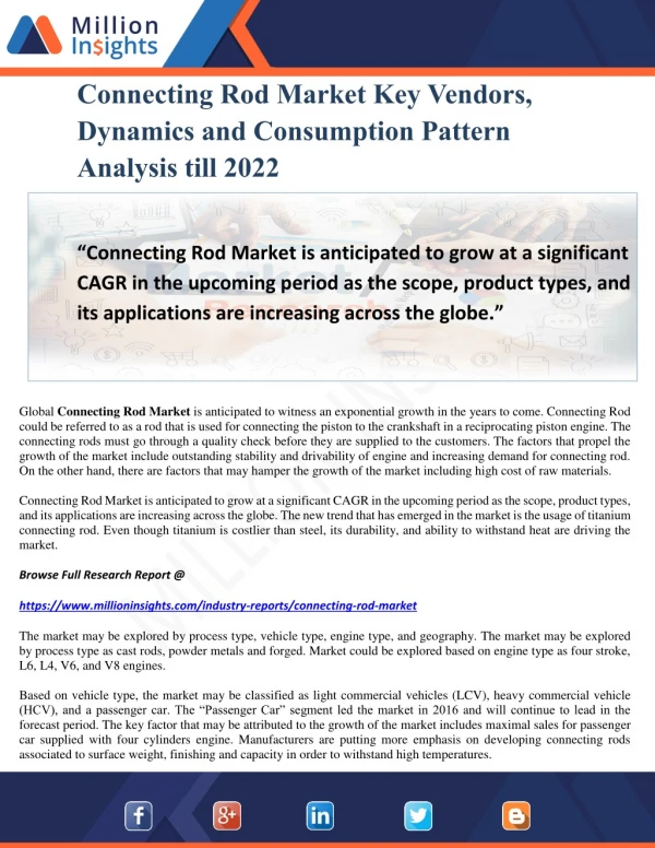 Connecting Rod Market Key Vendors, Dynamics and Consumption Pattern Analysis till 2022