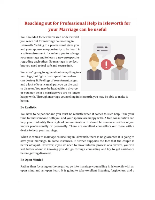 Reaching out for Professional Help in Isleworth for your Marriage can be useful