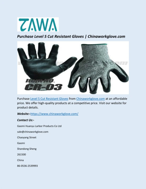 Purchase Level 5 Cut Resistant Gloves | Chinaworkglove.com