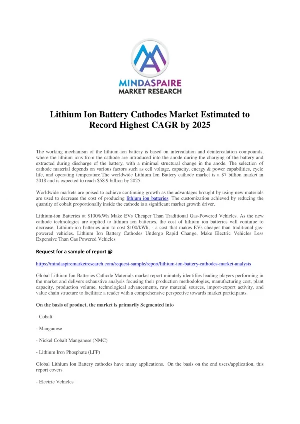 Lithium Ion Battery Cathodes Market Estimated to Record Highest CAGR by 2025