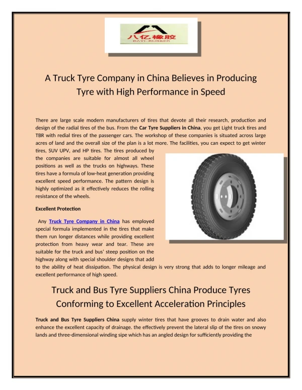 A Truck Tyre Company in China Believes in Producing Tyre with High Performance in Speed