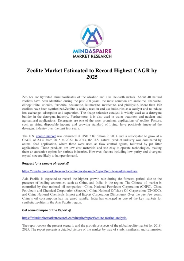 Zeolite Market Estimated to Record Highest CAGR by 2025